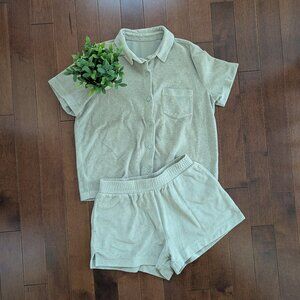 SAGE GREEN VINTAGE TERRY CLOTH BUTTON UP TOP & SHORTS SET